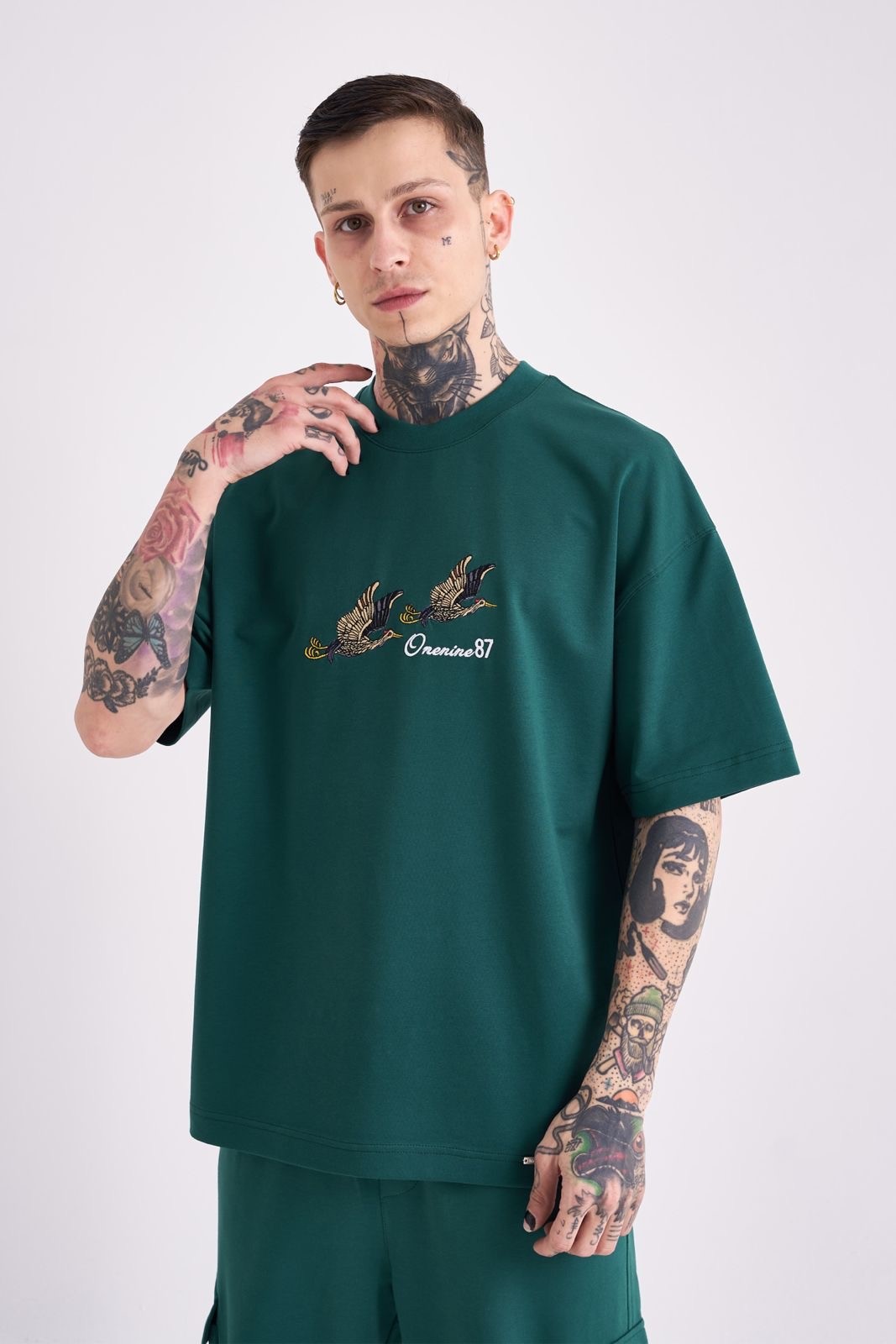 Migrant Bird Nakışlı Oversize T-Shirt - Petrol Yeşili