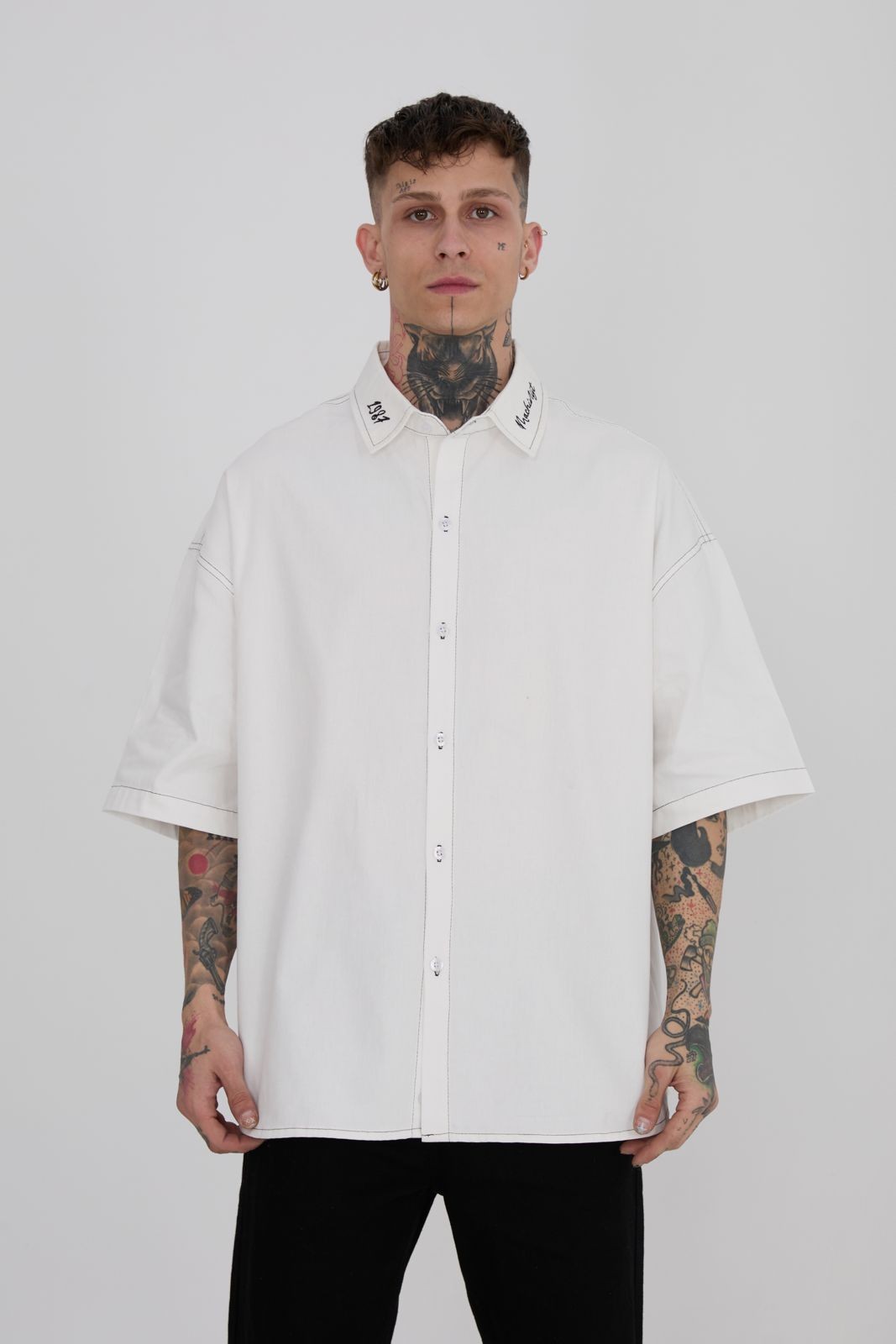 Ringed Embroidery Oversize Gömlek - Beyaz