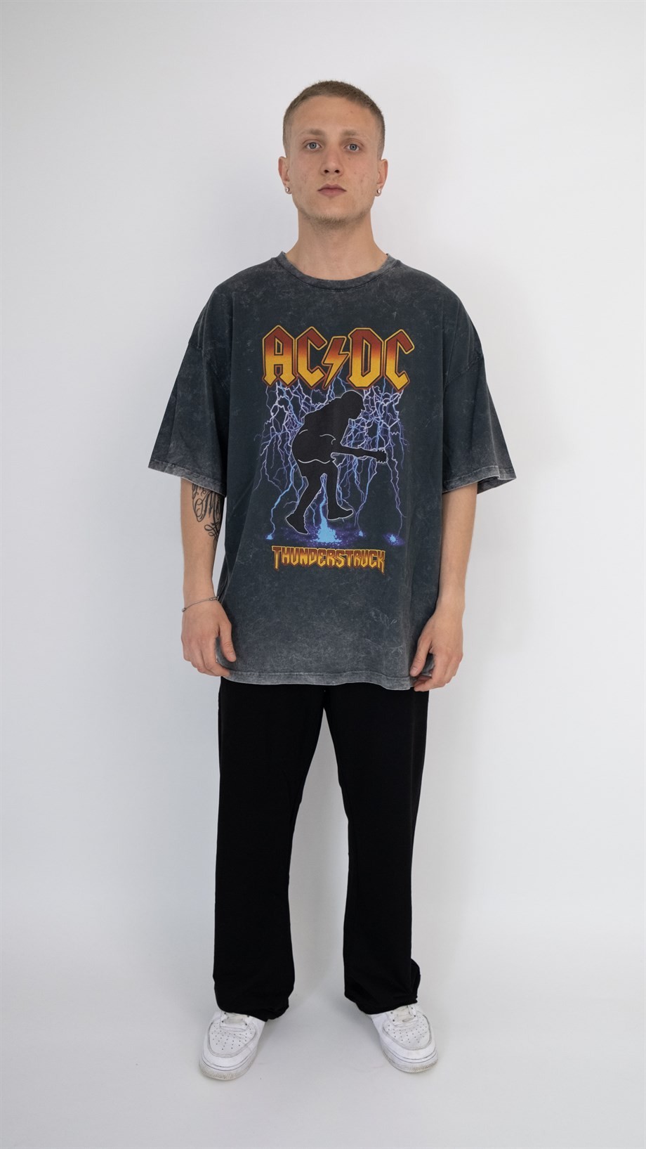Oversize Acid Wash AC/DC T-shirt - SİYAH