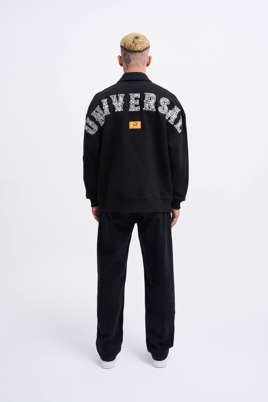 Felt Badge Zip Polo Siyah Sweatshirt