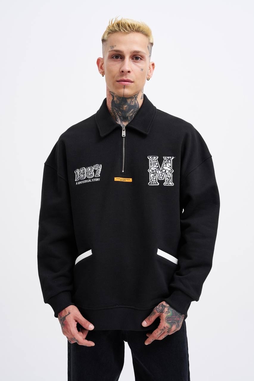 Felt Badge Zip Polo Siyah Sweatshirt - Siyah