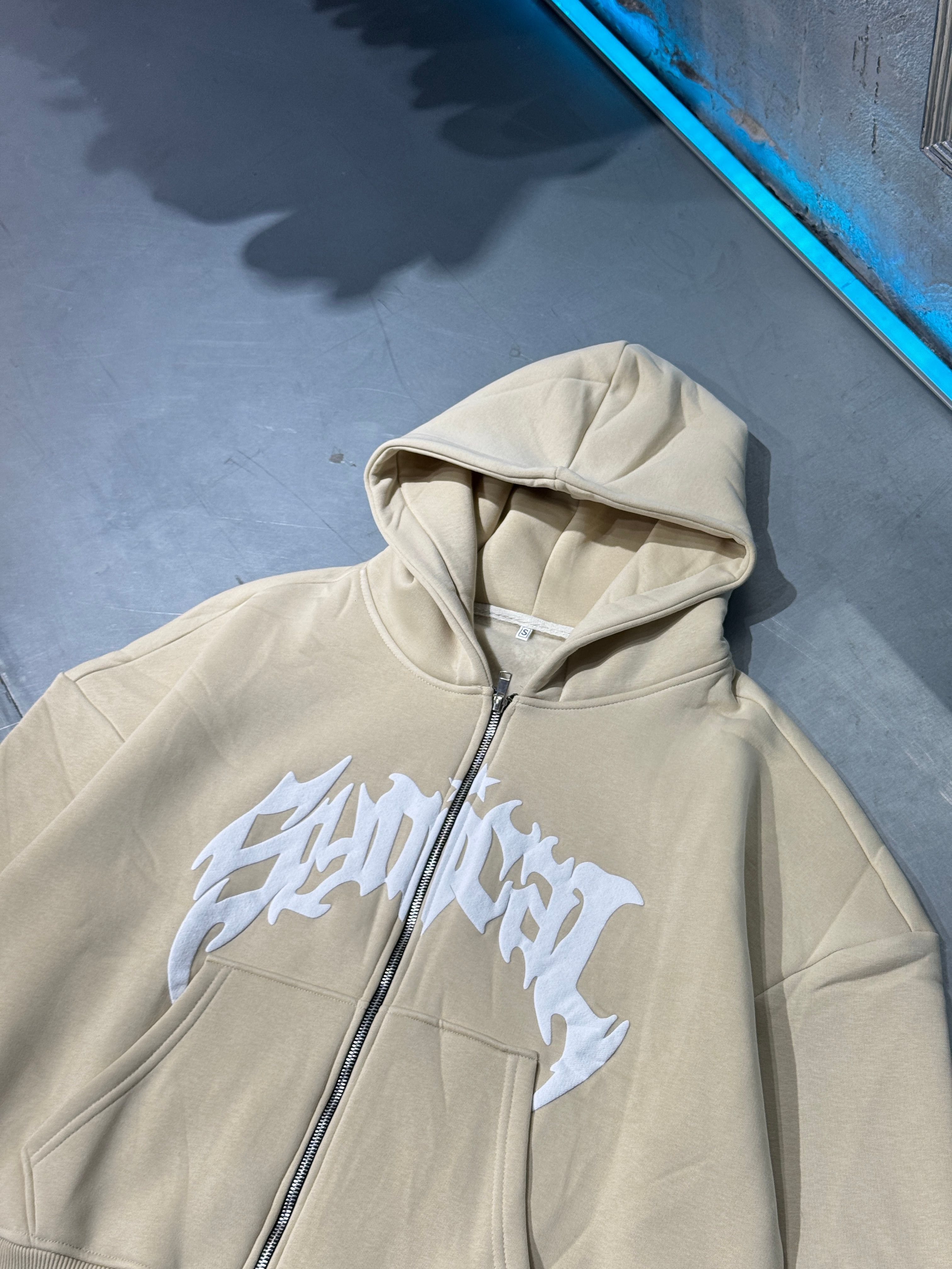 Kabartma Baskılı Fermuarlı Zip Hoodie 