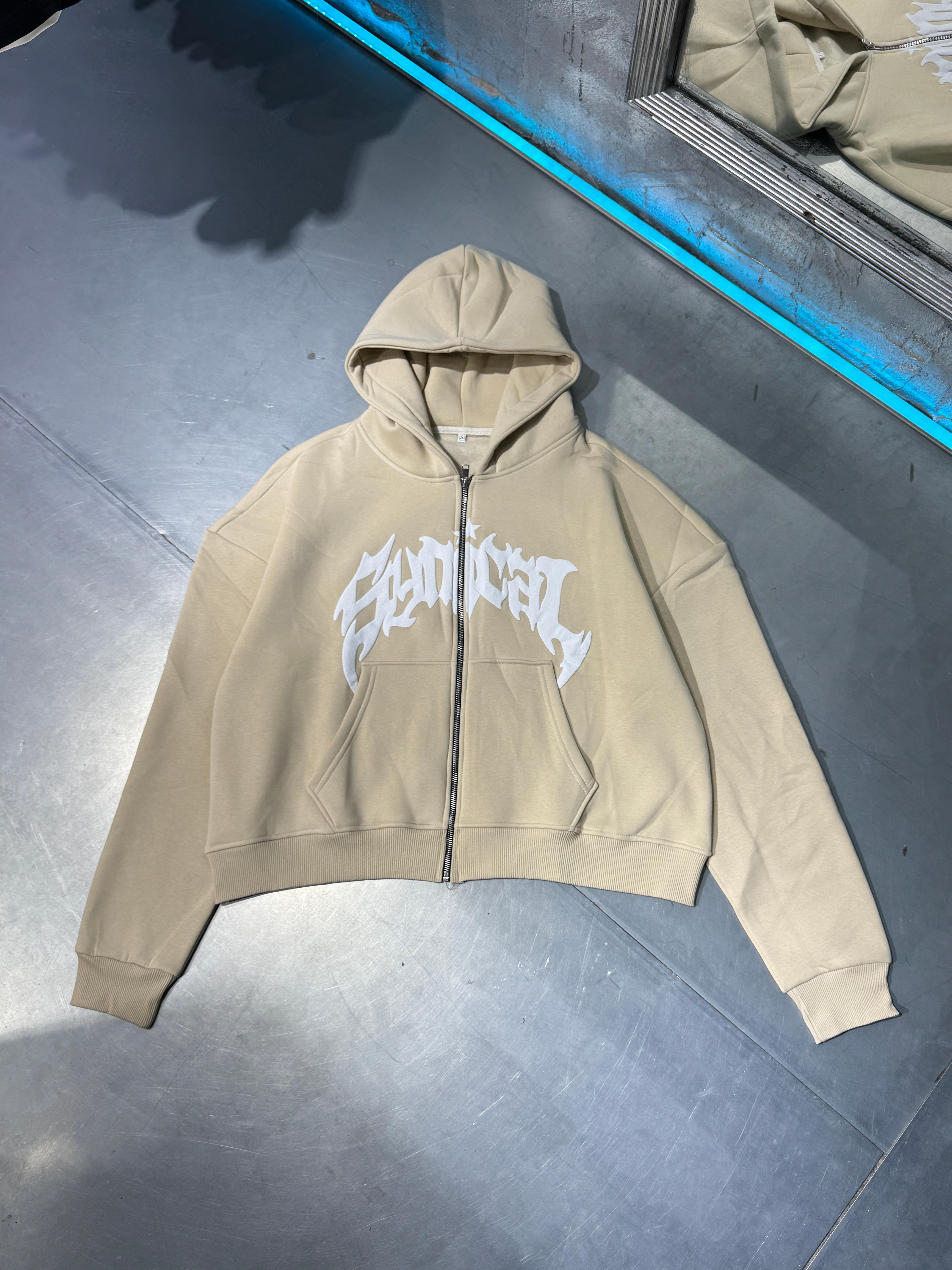 Kabartma Baskılı Fermuarlı Zip Hoodie 