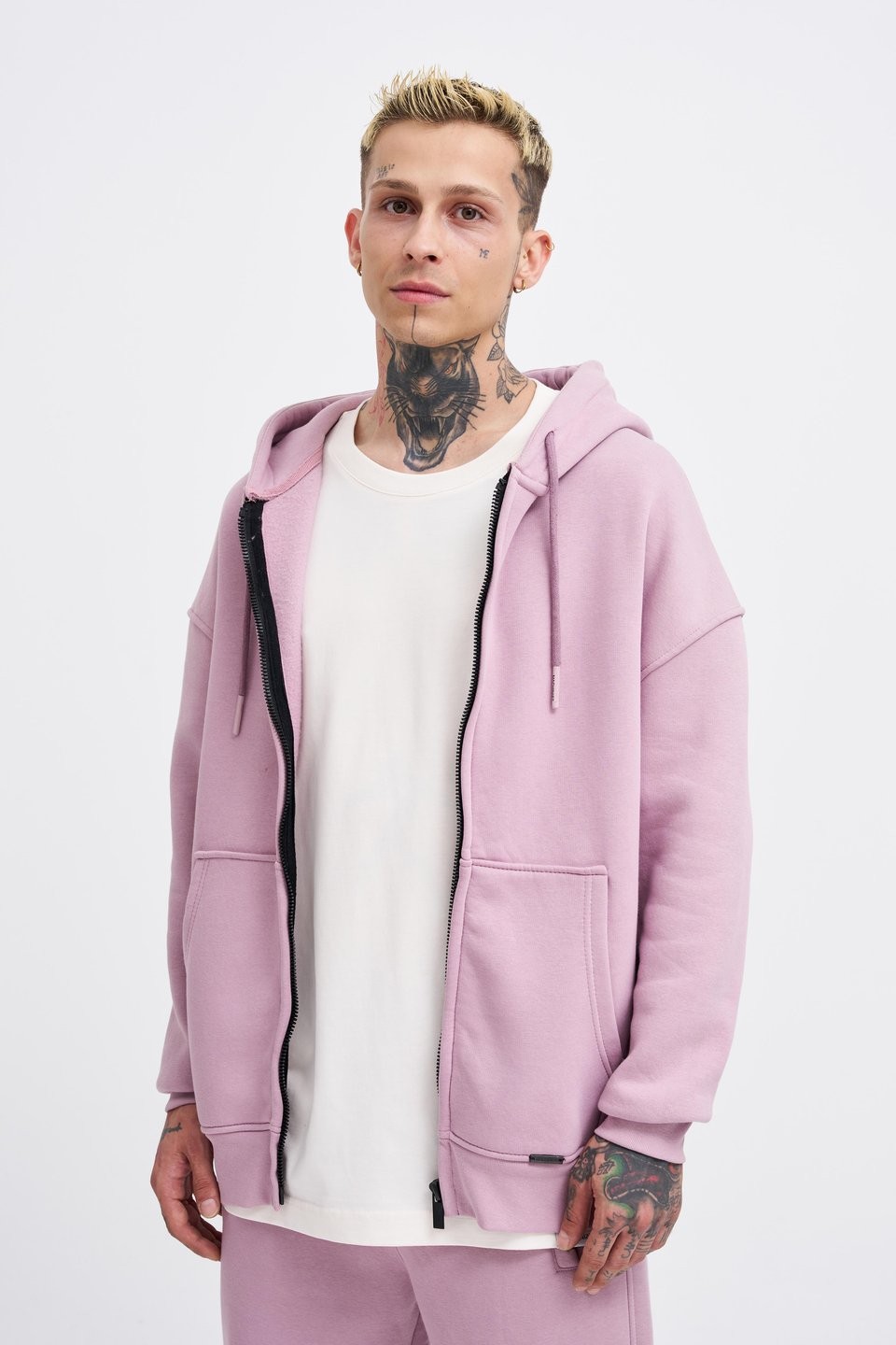 Oversize Şardonlu Zip Hoodie - Kirli Pembe