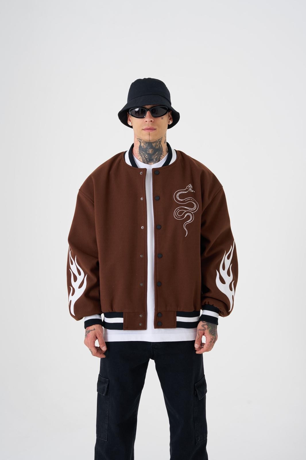 OVERSIZE SNAKE EMBROIDERY BOMBER JACKET - Coffe