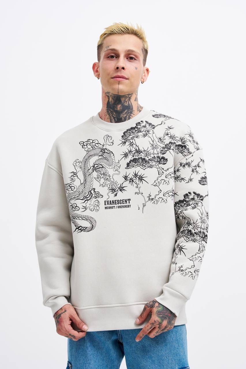 Dragon Printed Oversize Şardonlu Sweatshirt - Space Gri