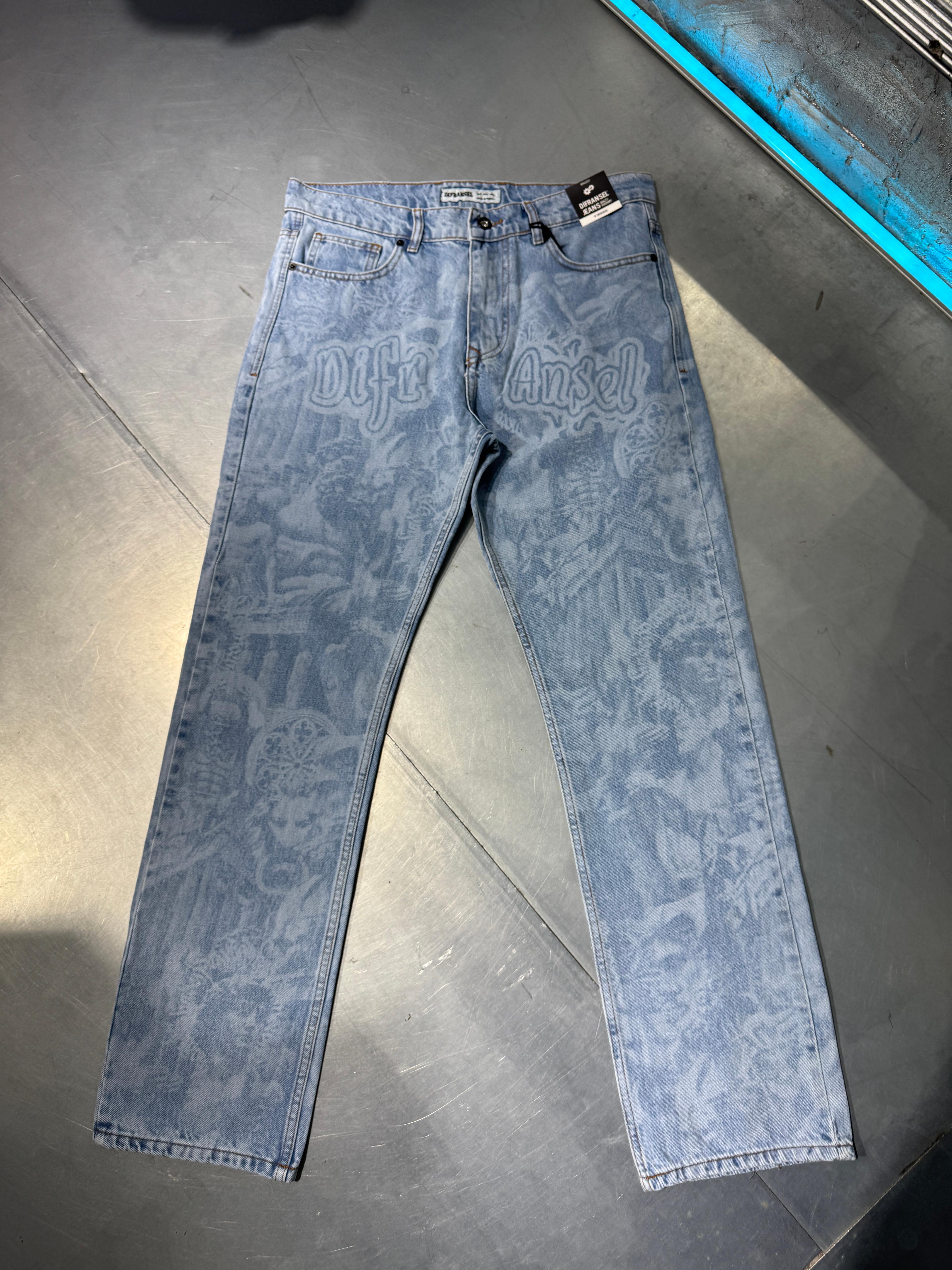 Retro Stil Baskılı Denim Pantolon