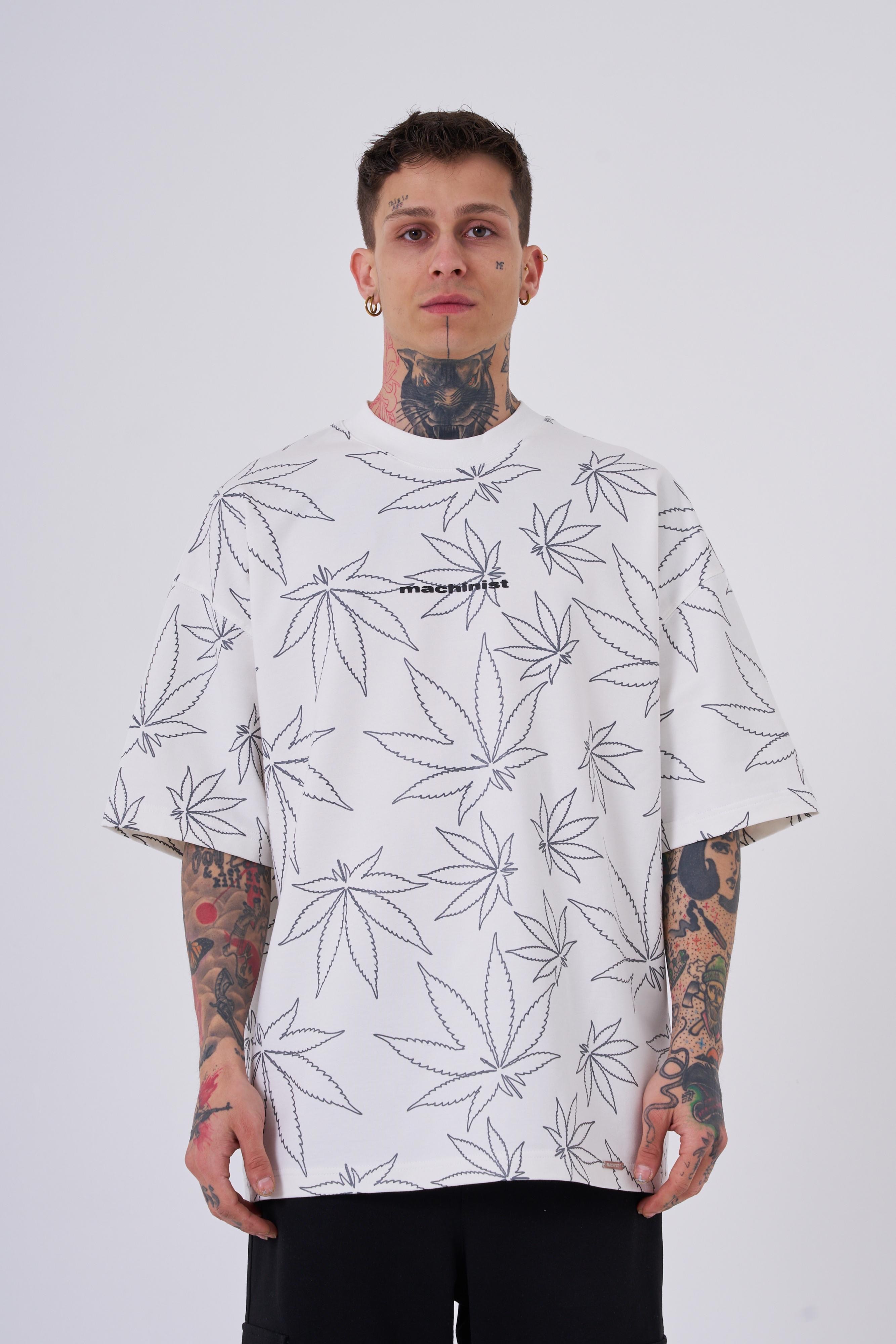 Cannabis Leaf Oversize T-Shirt - Beyaz