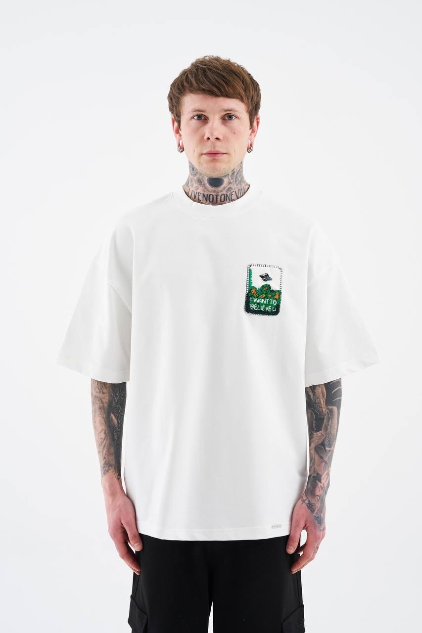 Alien Embroidery Oversize Minimal T-Shirt - Beyaz