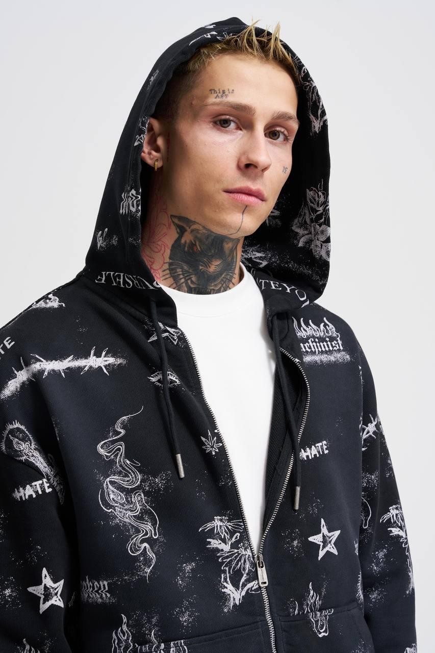 Printed And Washing Zip Hoodie 