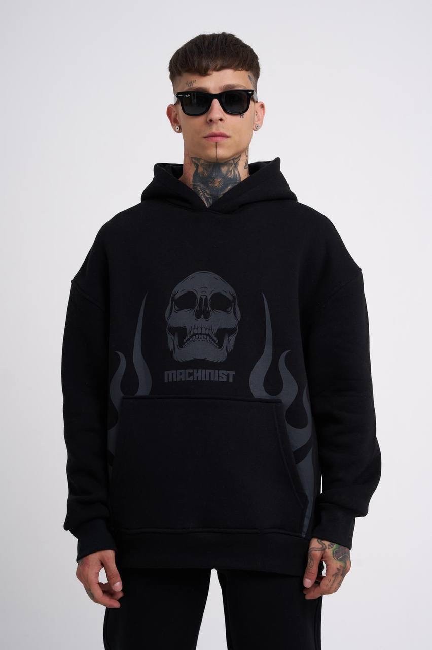 Flame Printed Şardonlu Hoodie - Siyah