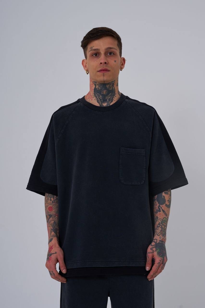 Contrast And Washing 3 İplik T-Shirt - DARK BLACK