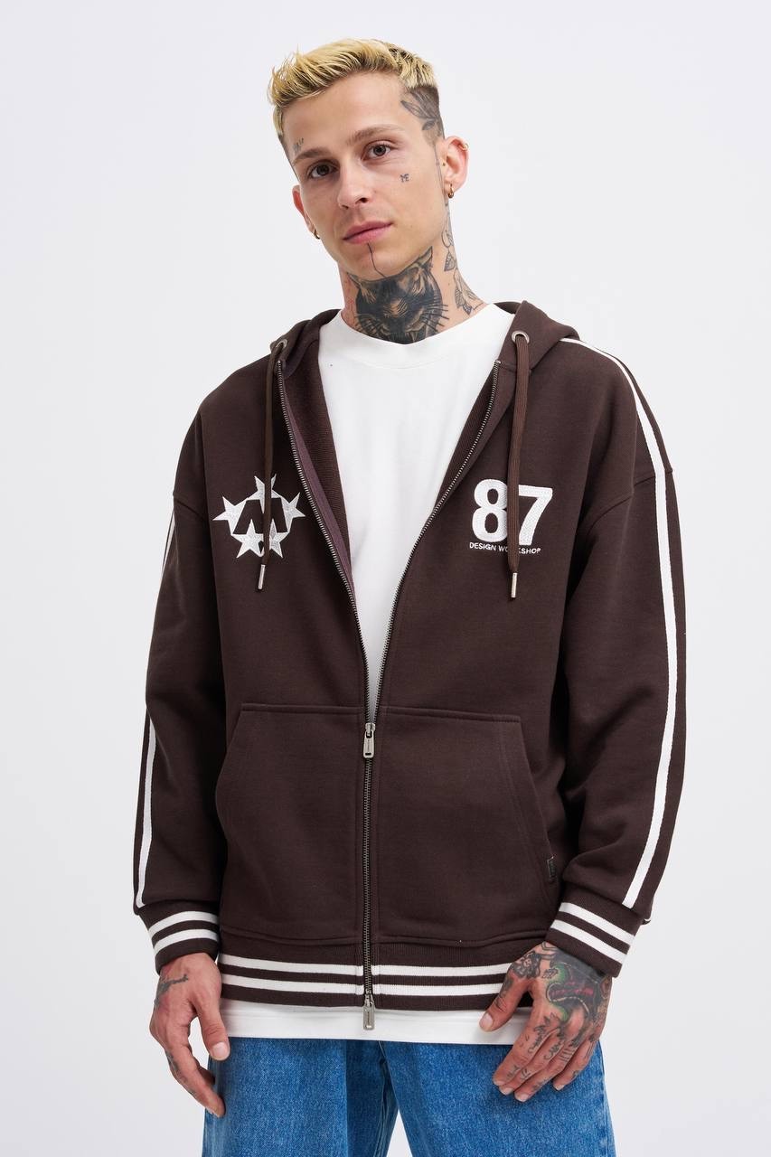 87 Desing Zip Fermuarlı Hoodie - Kahverengi