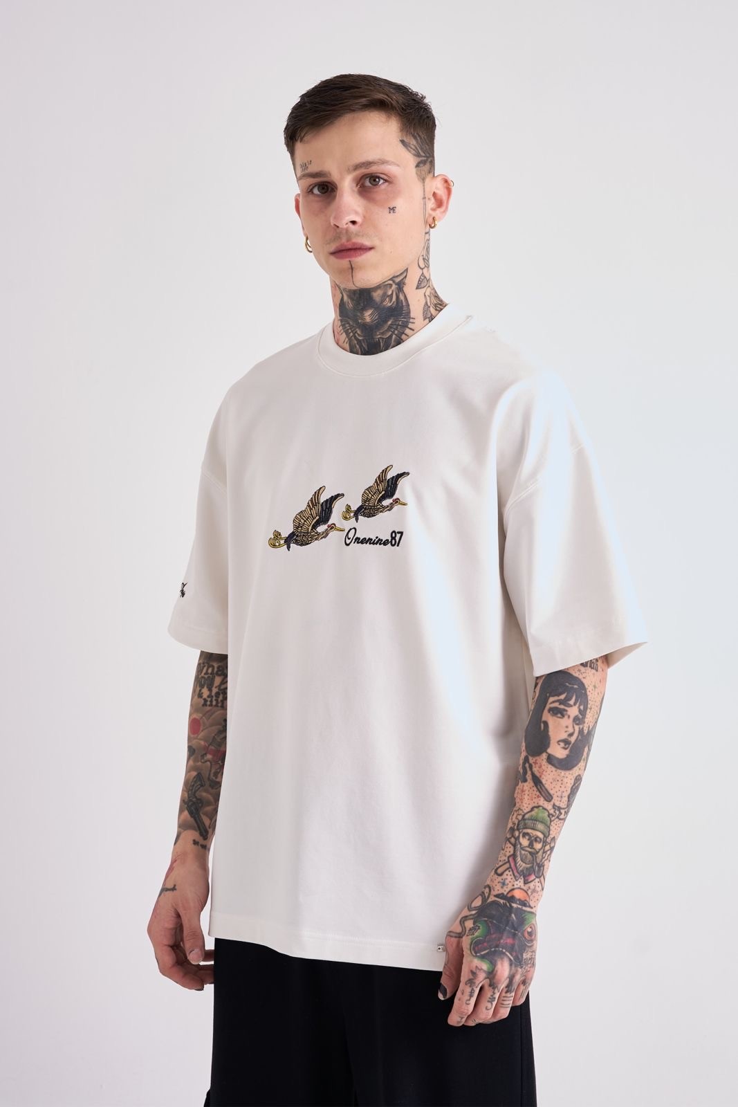 Migrant Bird Nakışlı Oversize T-Shirt - Beyaz