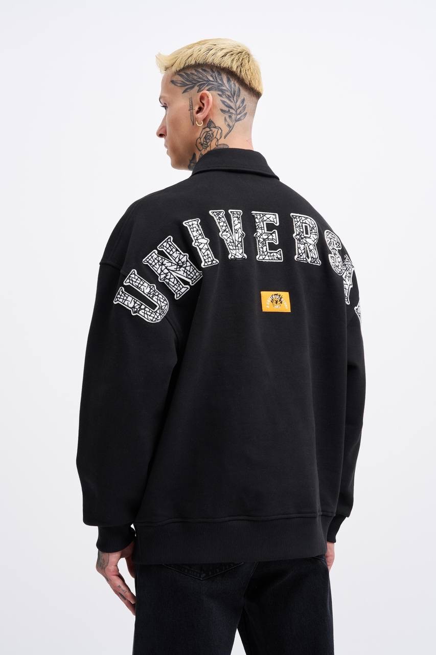 Felt Badge Zip Polo Siyah Sweatshirt