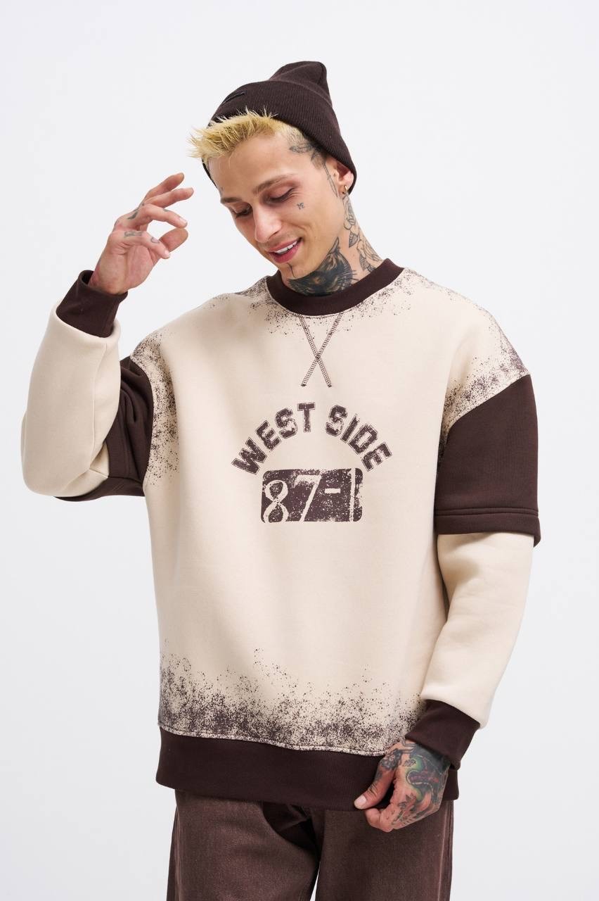 West Side 87 Baskılı Oversize Şardonlu Sweatshirt - Bej