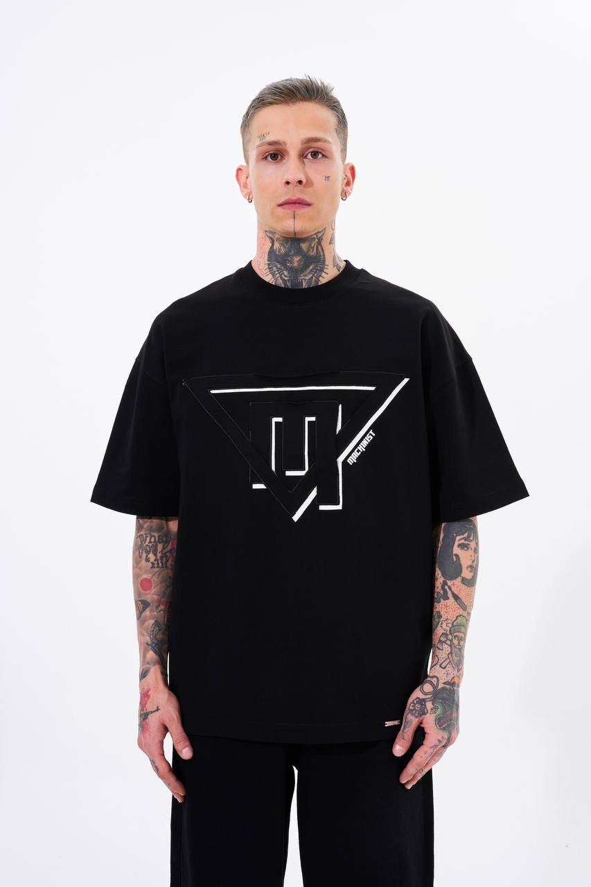 Triangel Applique Baskılı Oversize T-Shirt - Siyah