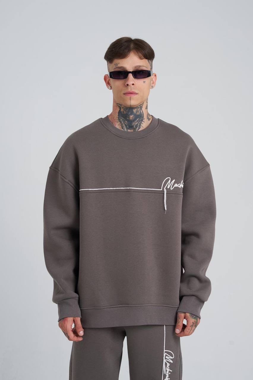 Oversize Machinist Nakış Detaylı Şardonlu Sweatshirt - Füme