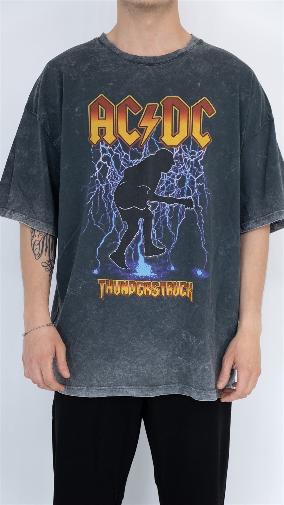 Oversize Acid Wash AC/DC T-shirt - SİYAH