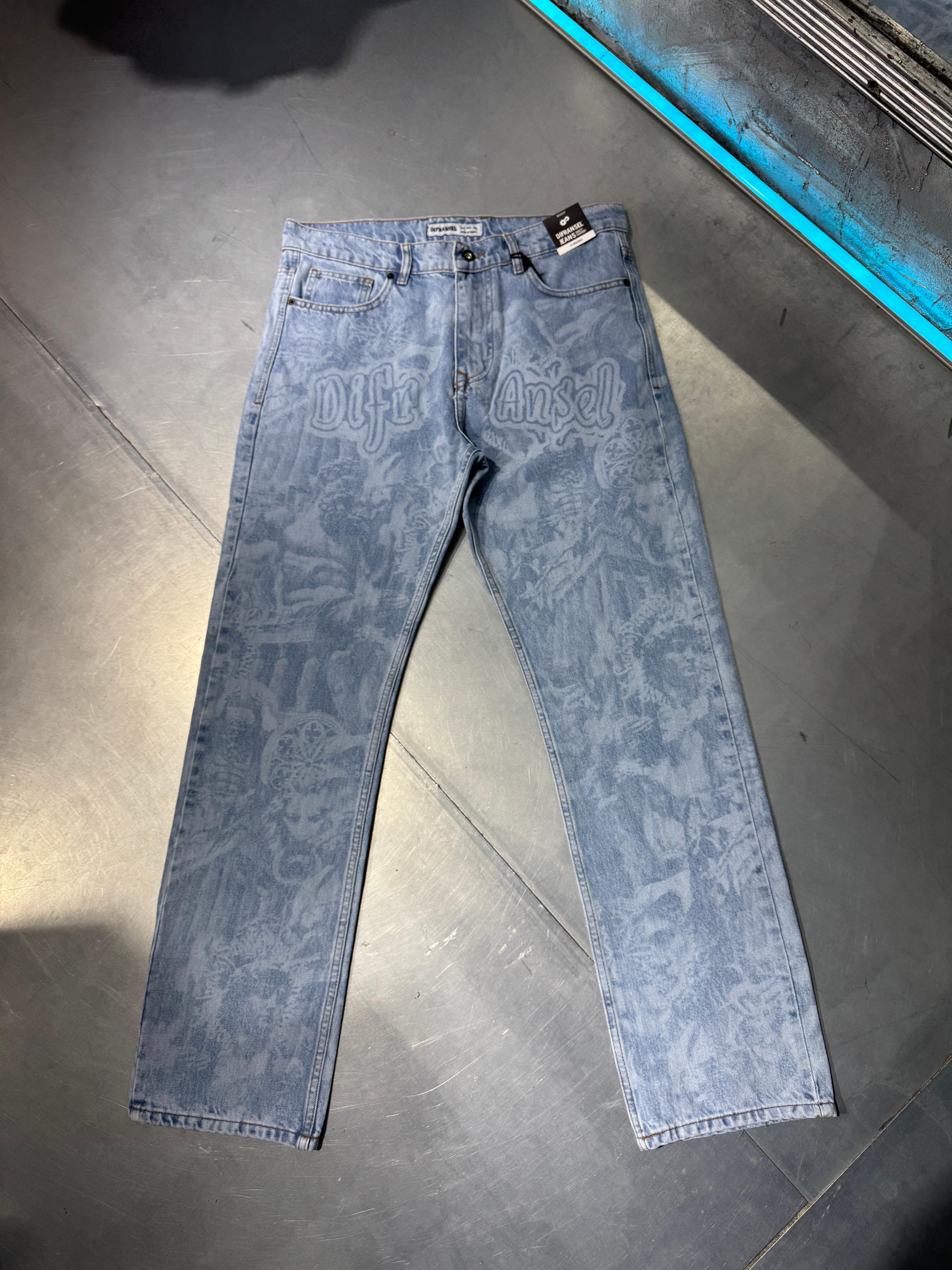 Retro Stil Baskılı Denim Pantolon