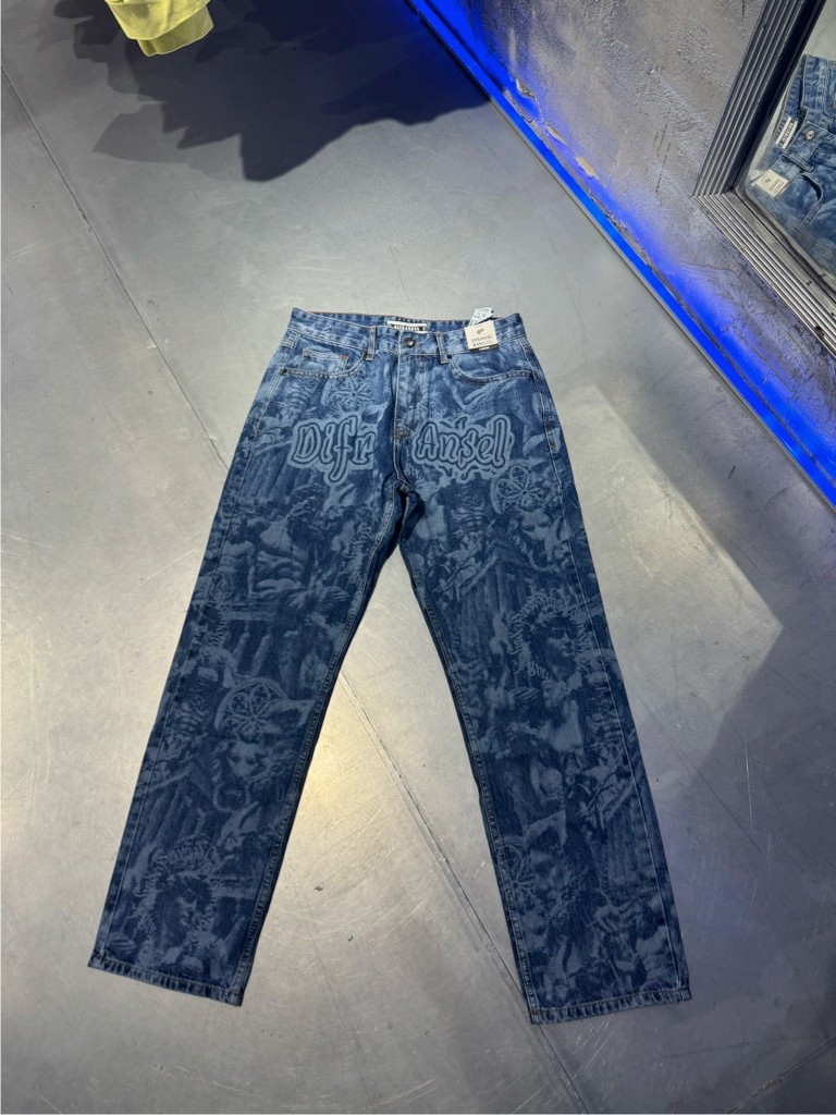 Retro Stil Baskılı Denim Pantolon