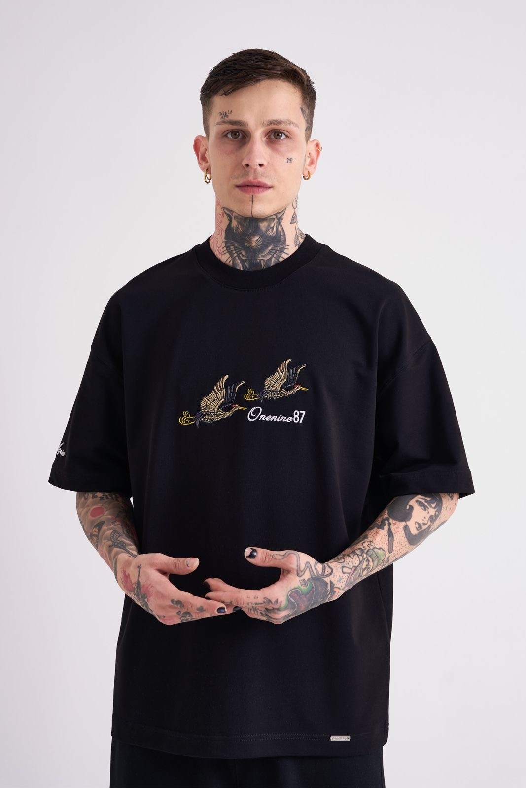 Migrant Bird Nakışlı Oversize T-Shirt - Siyah