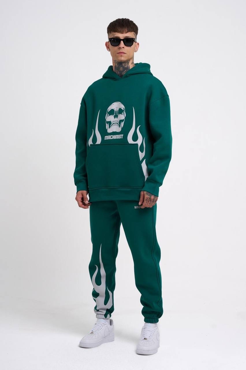 Flame Printed Şardonlu Hoodie - Petrol Yeşili