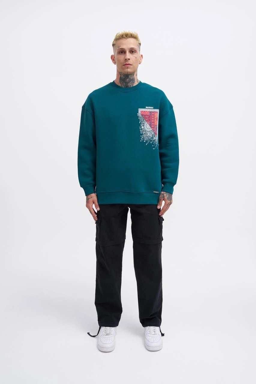 Oversize Şardonlu Ethnic Desenli Sweatshirt