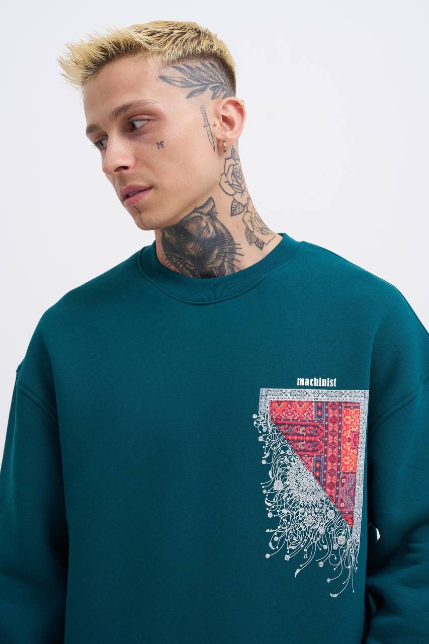 Oversize Şardonlu Ethnic Desenli Sweatshirt