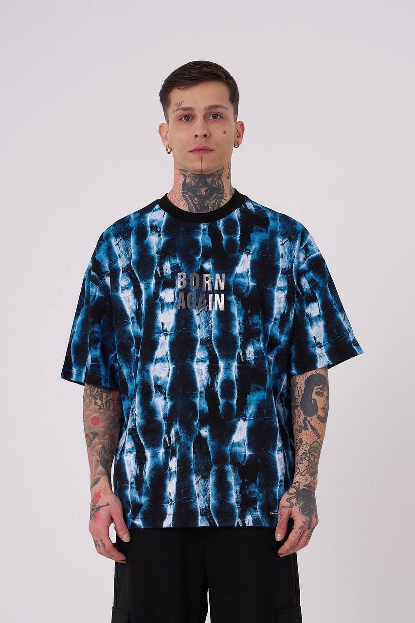 Batik Desenli Oversize T-Shirt - Mavi