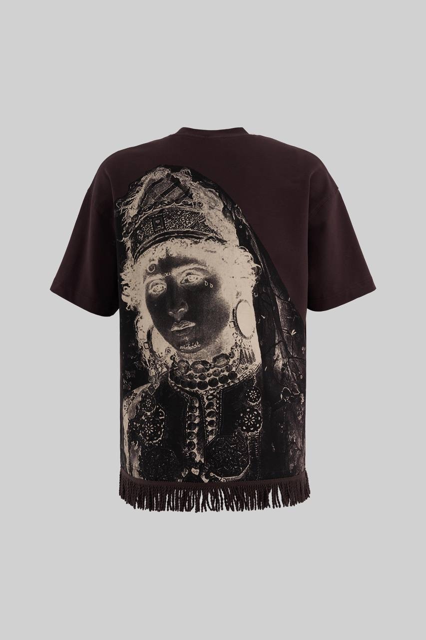 Traditional Woman Fringe Oversize T-Shirt - Oak Coffe