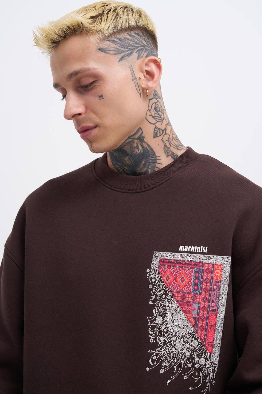 Oversize Şardonlu Ethnic Desenli Sweatshirt