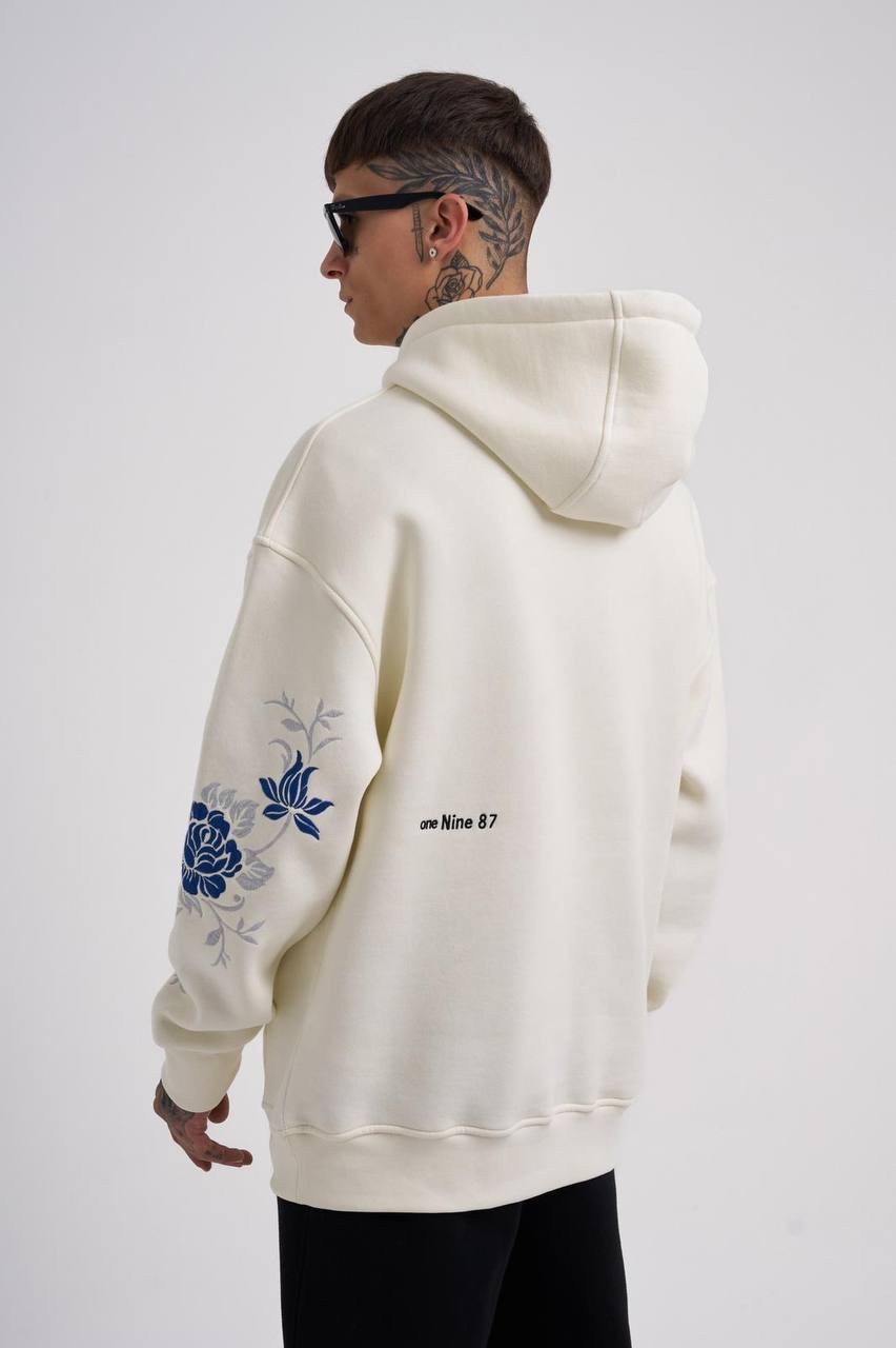 Oversize Embroidery Flowers Şardonlu Hoodie 