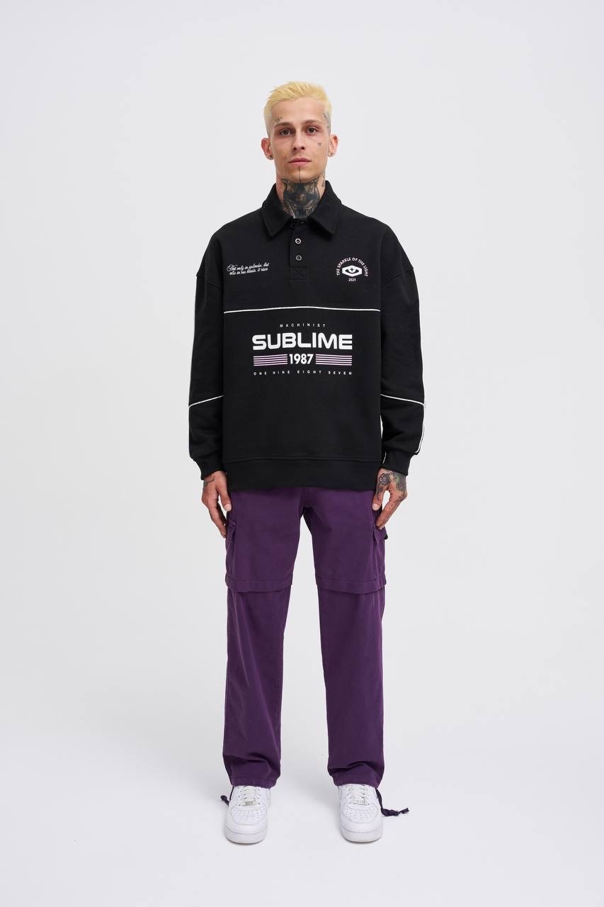 Sublime 1987 Baskılı Oversize Polo Sweatshirt - Siyah