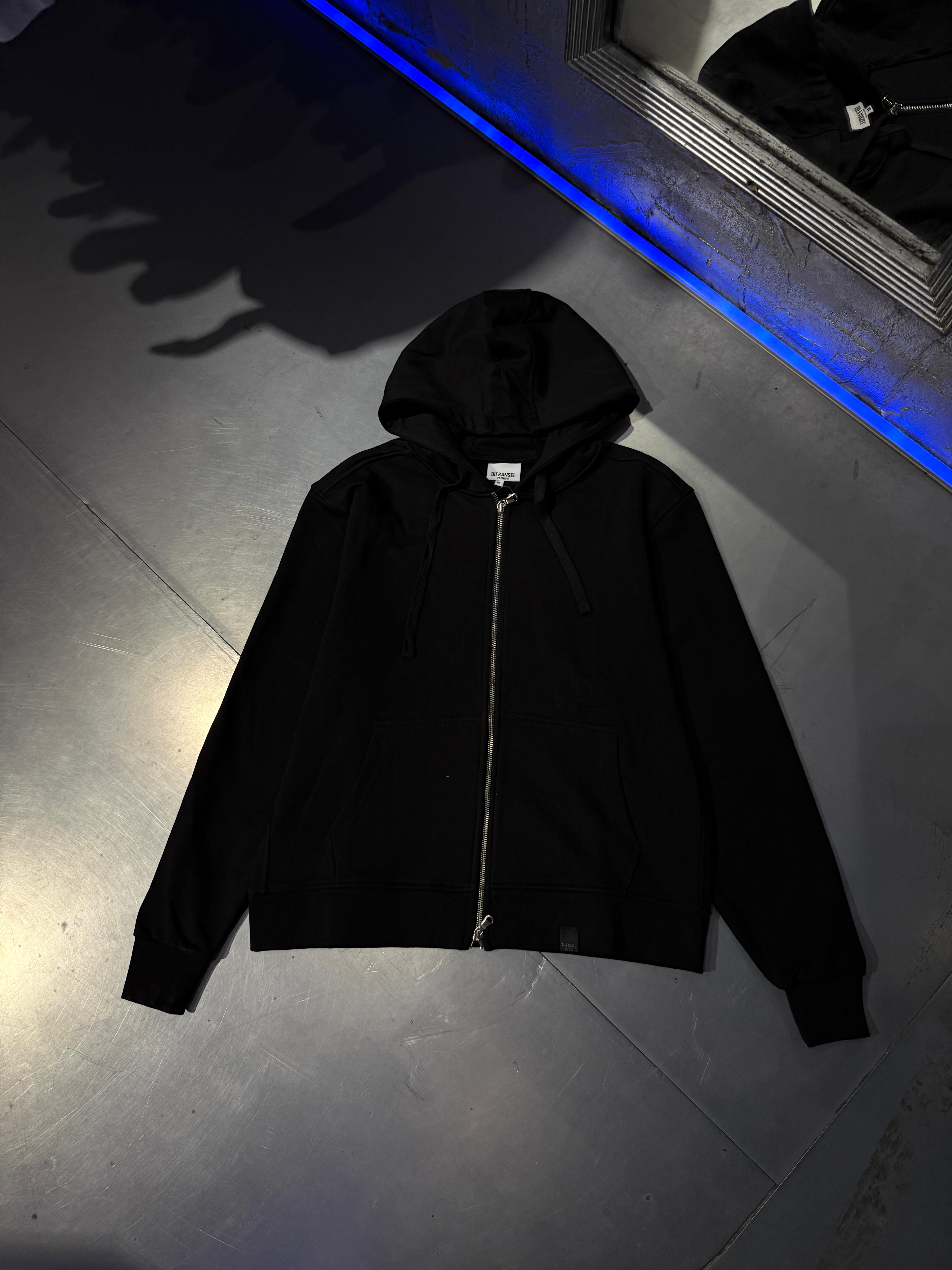 Basic Zip  Hoodie 3 İplik Diagonel Kumaş - Siyah