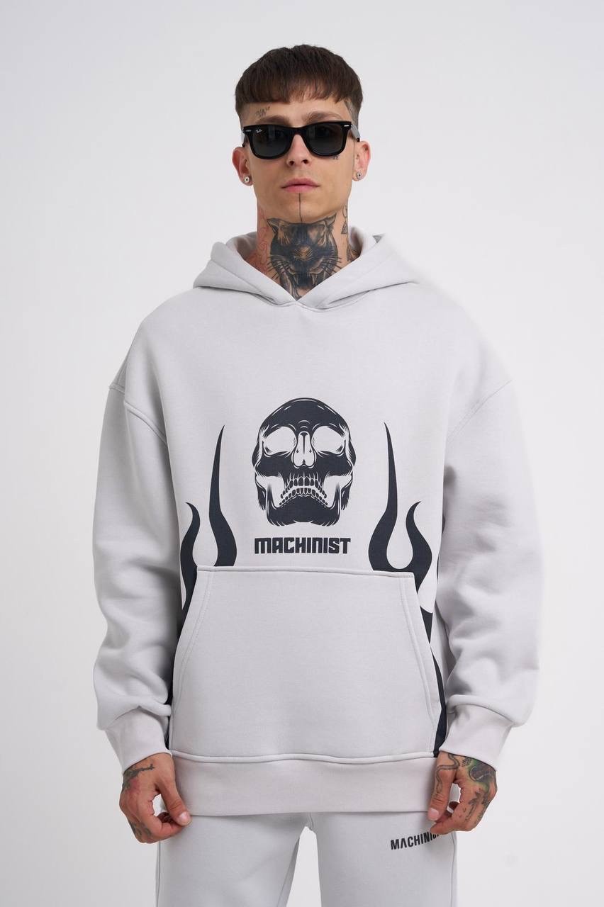 Flame Printed Şardonlu Hoodie - Space Gri