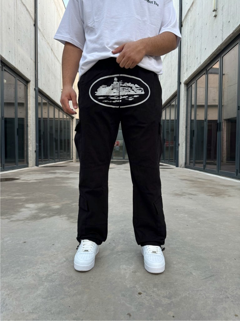 Siyah Circular Art DL Kemer Detay Kargo Cepli Ayarlanabilir Baggy Pantolon