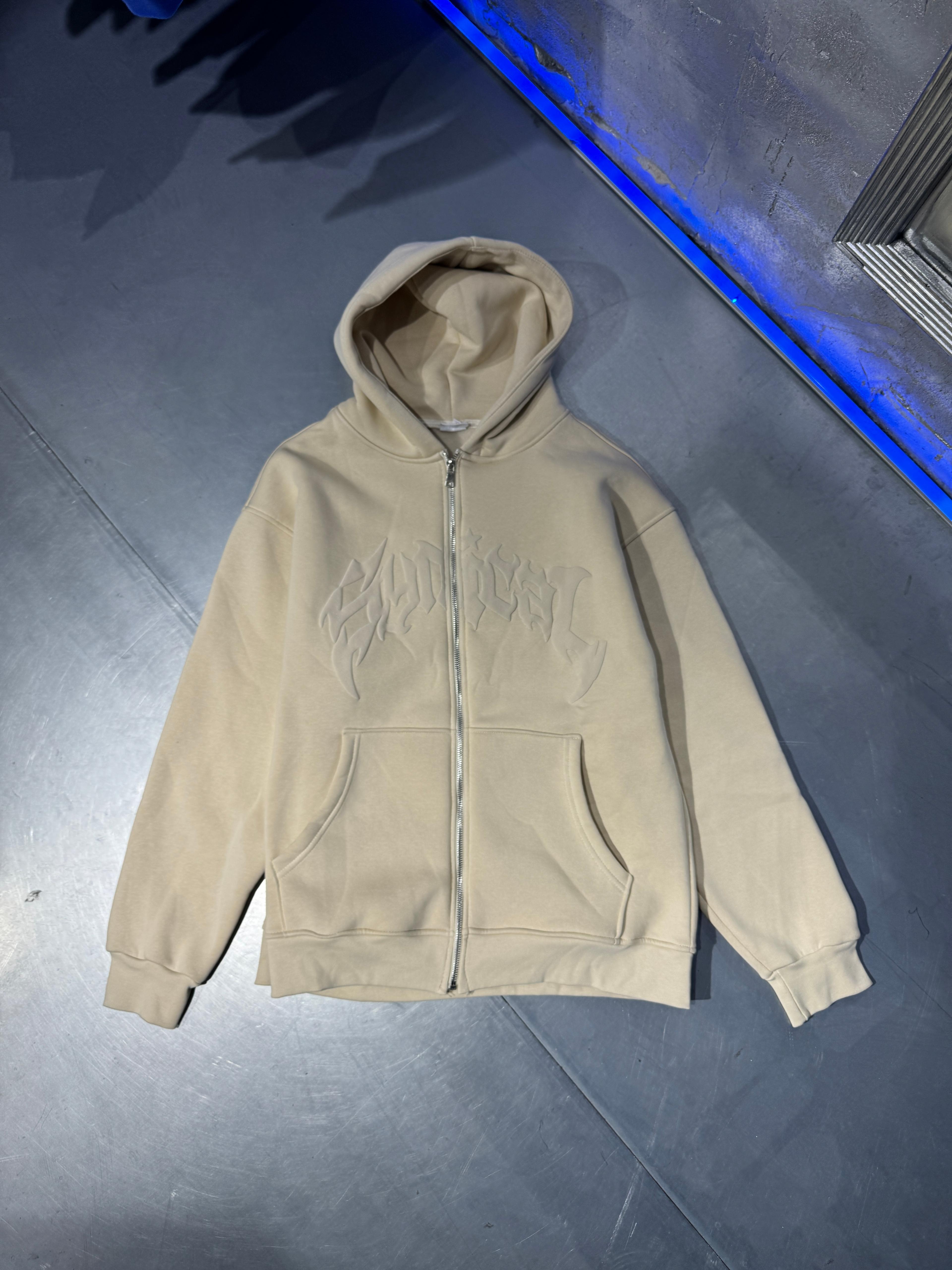 Kabartma Baskılı Fermuarlı Zip Hoodie  - Bej