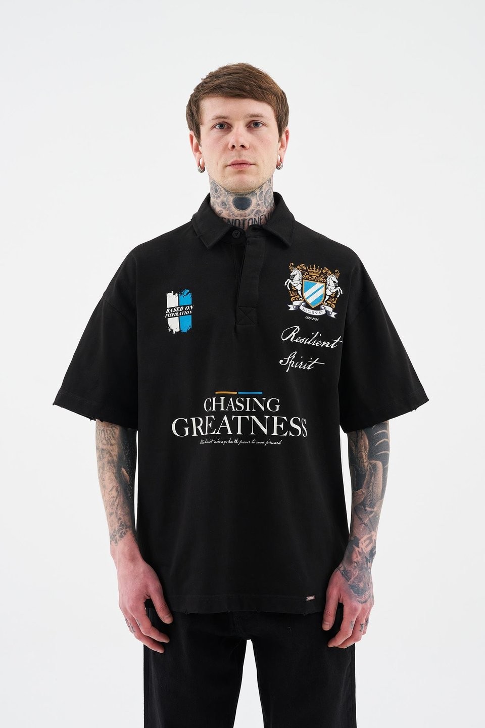 Printed and Yıkamalı Polo Oversize Siyah Tişört