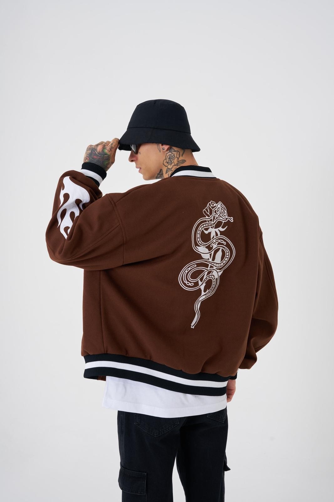 OVERSIZE SNAKE EMBROIDERY BOMBER JACKET - Coffe