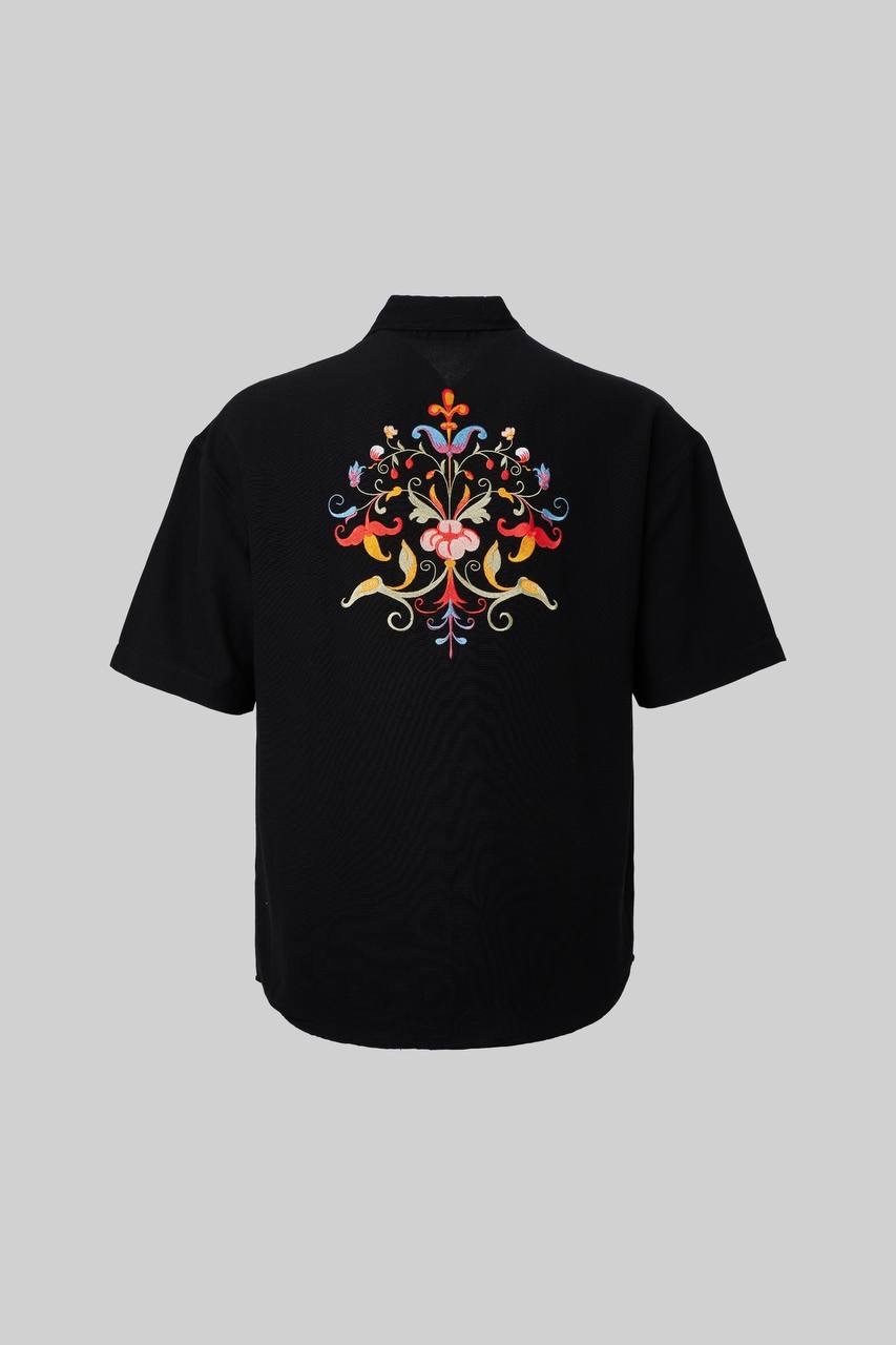 Floral Embroidered Viscon Siyah Gömlek