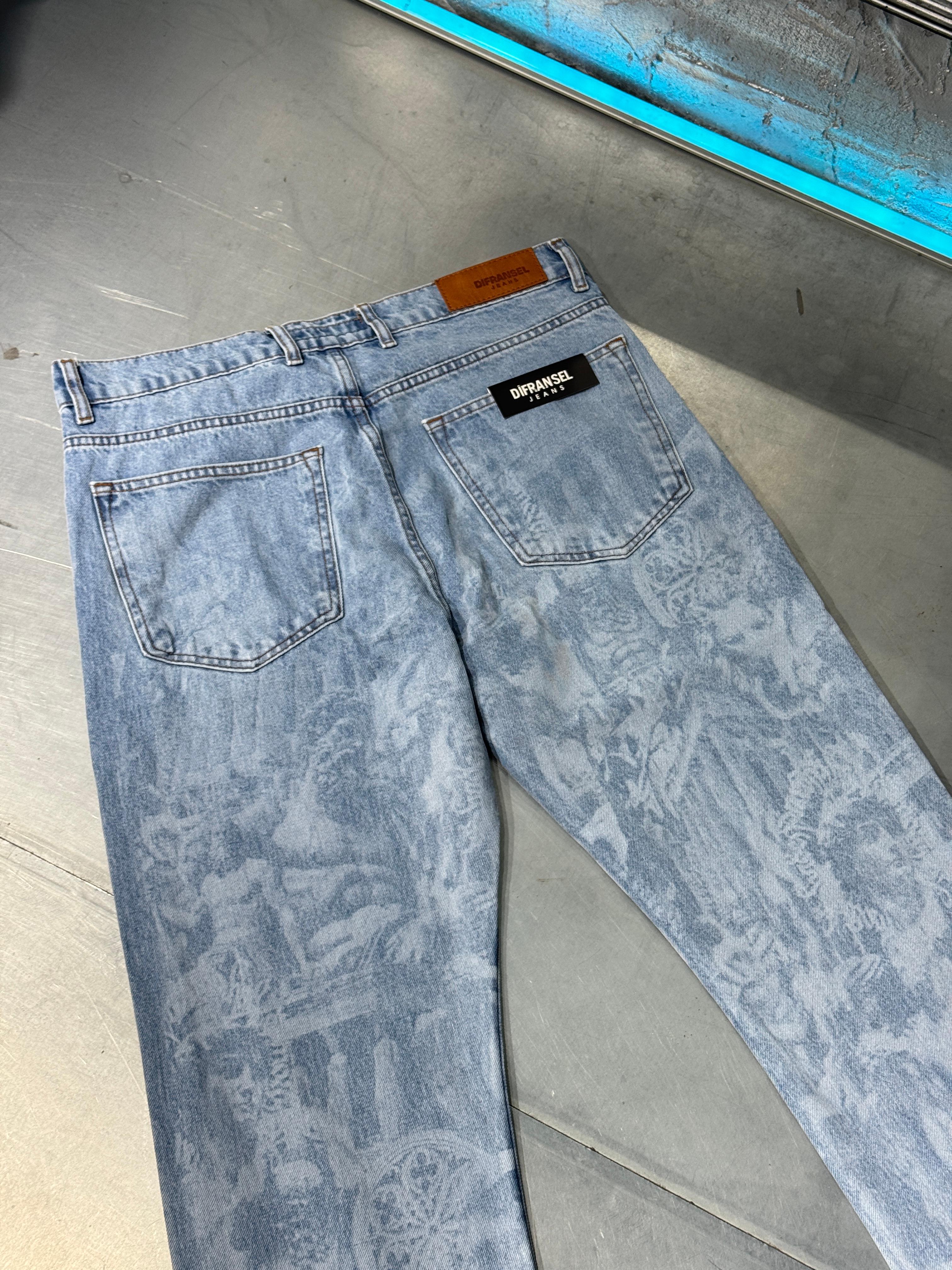 Retro Stil Baskılı Denim Pantolon