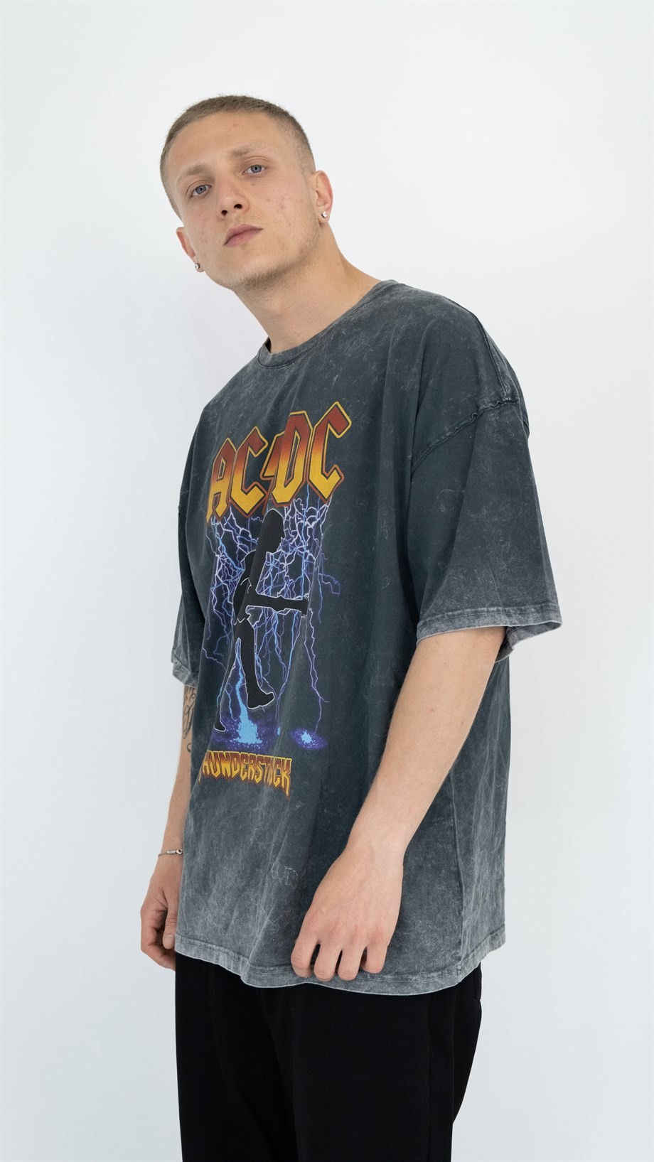 Oversize Acid Wash AC/DC T-shirt - SİYAH