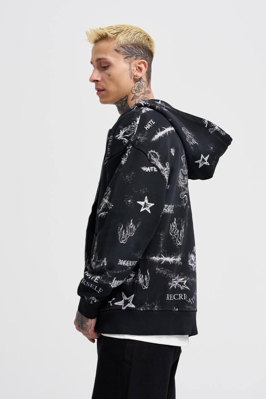 Printed And Washing Zip Hoodie 