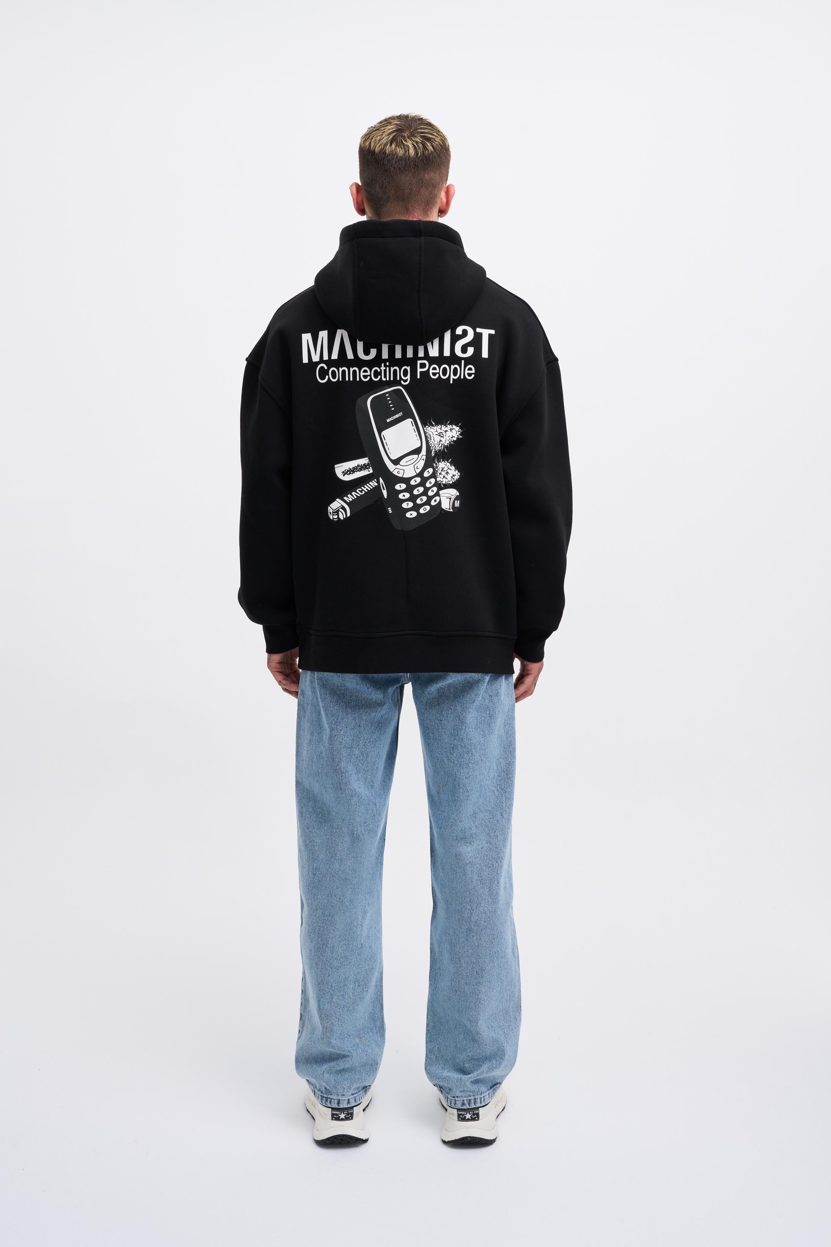 Connecting People Oversize Şardonlu Hoodie - Siyah