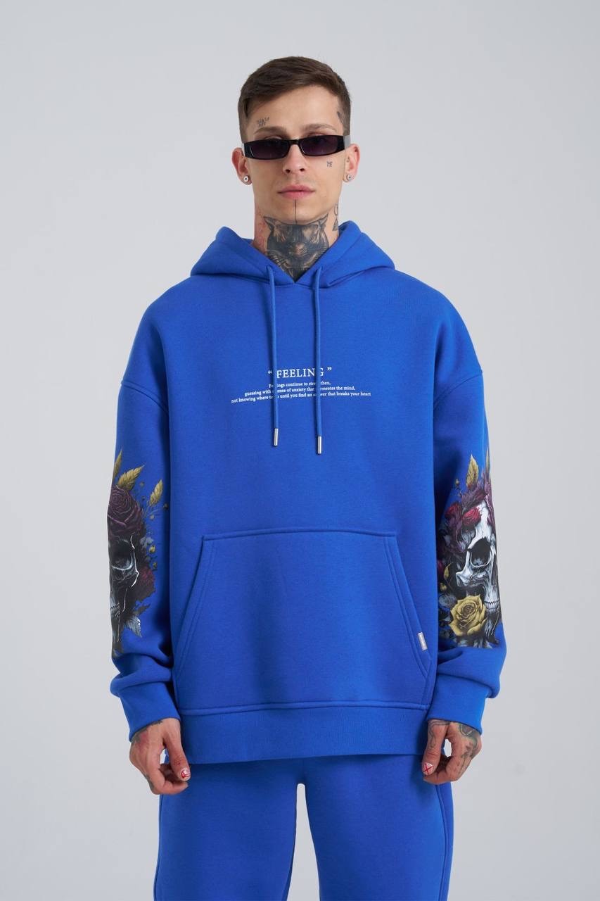 Feeling Skull Şardonlu Hoodie - Saks Mavi