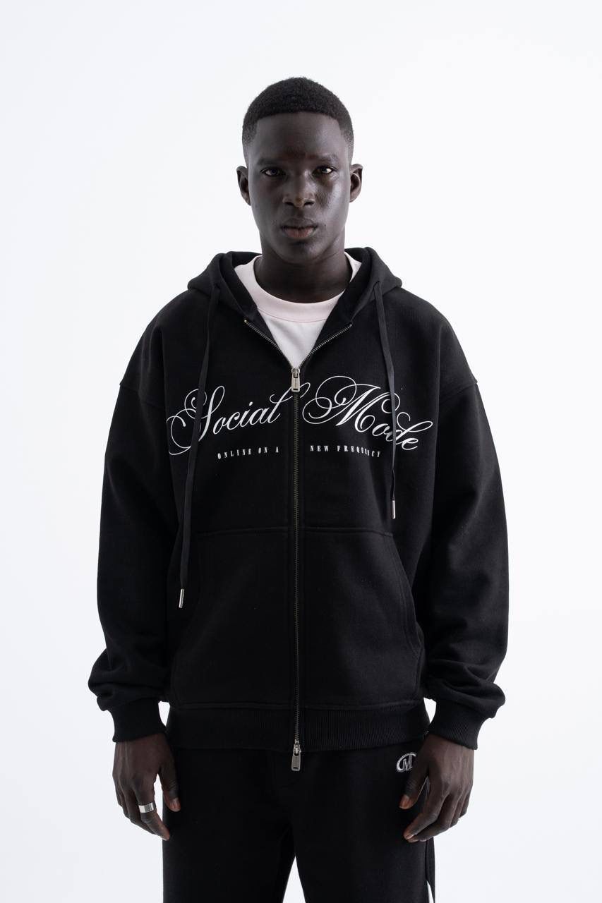 Social Mode Printed Zip Hoodie - Siyah