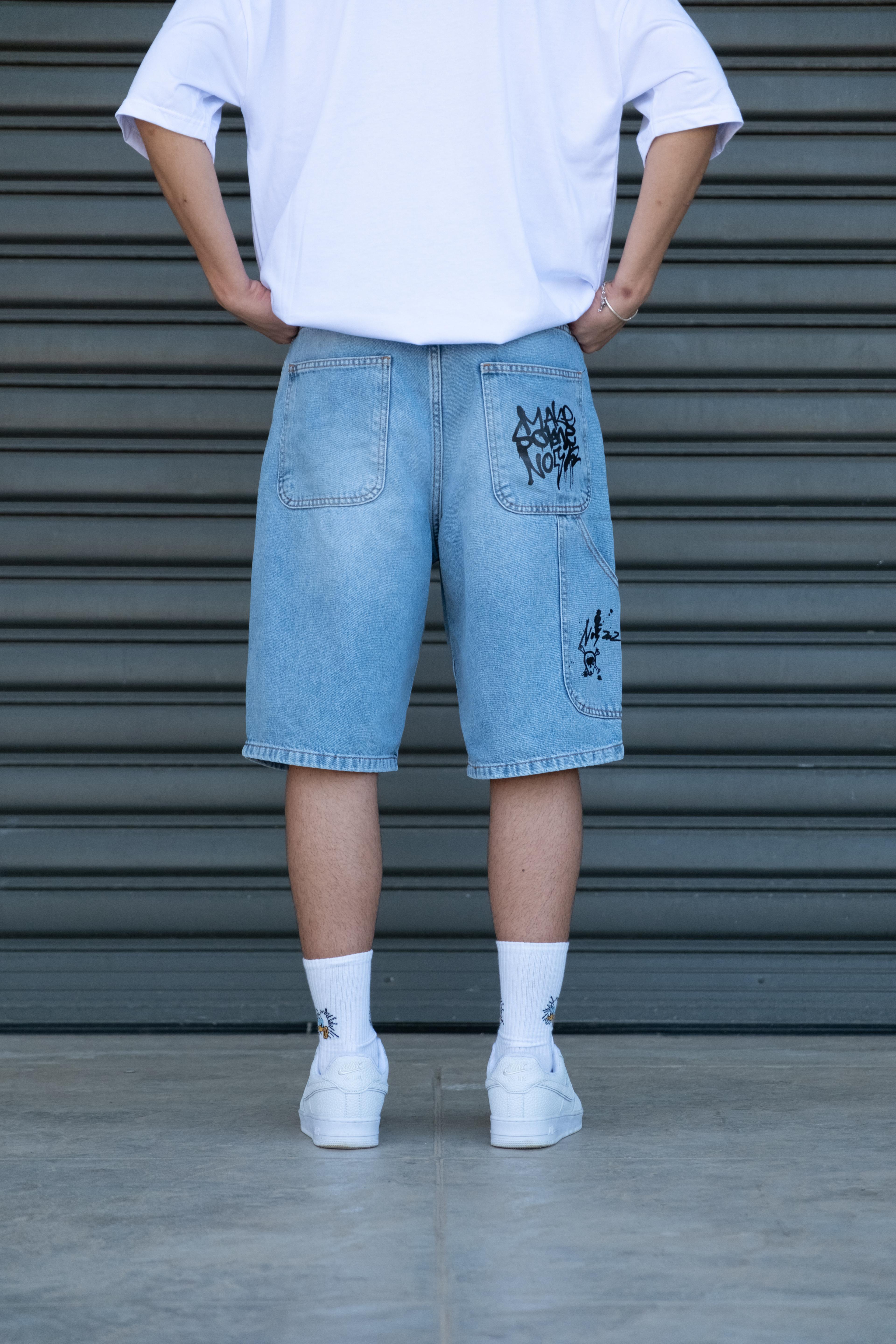 Graffiti Detay Baggy Şort - Soft Blue