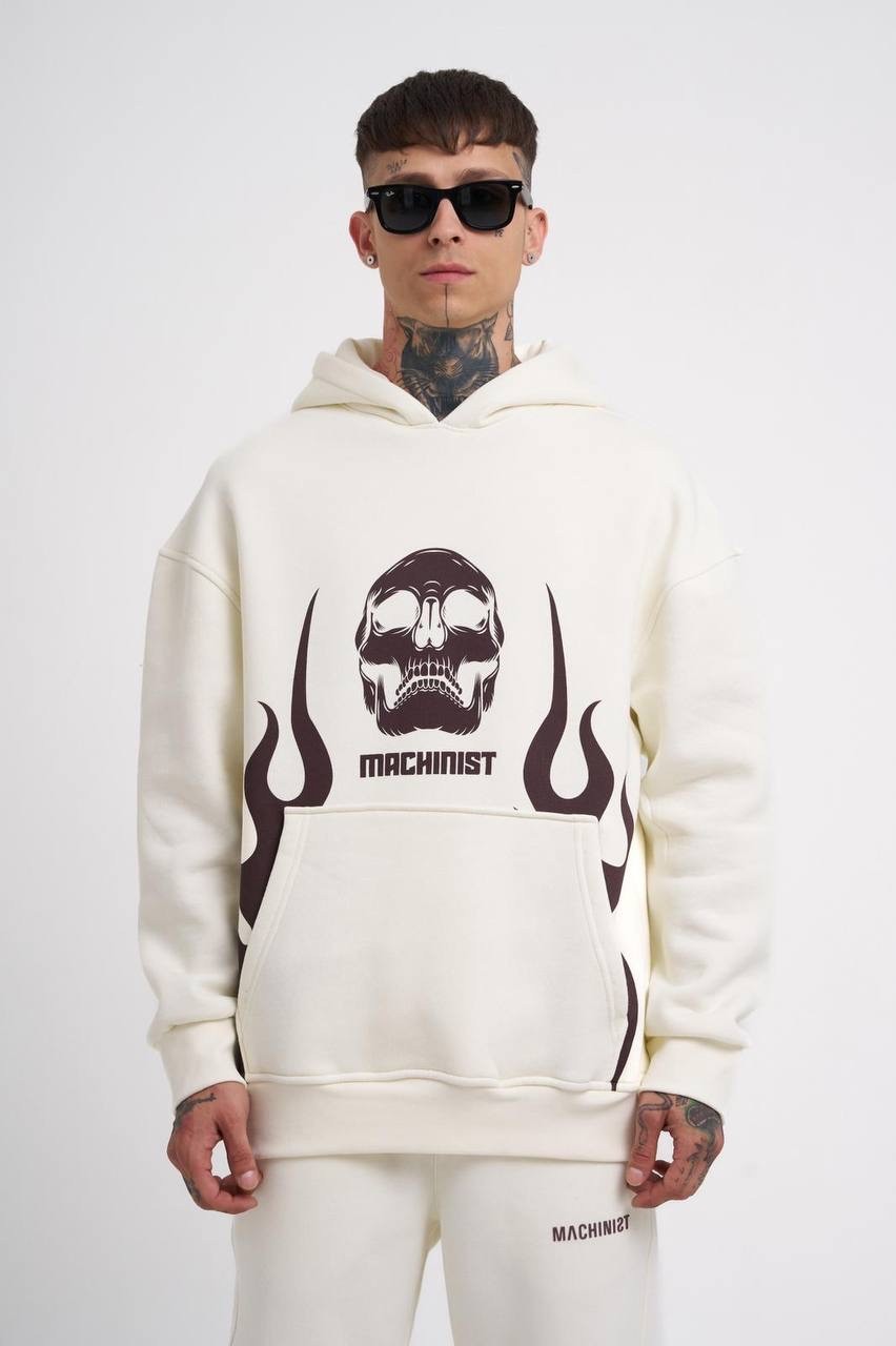 Flame Printed Şardonlu Hoodie - Ekru