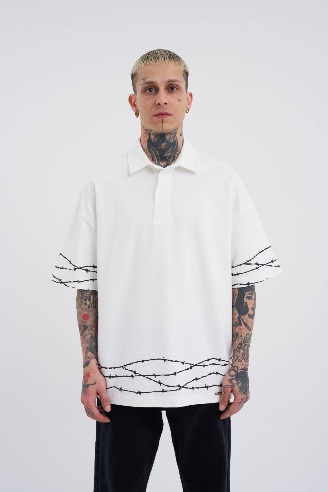 Barbed Wire Printed Polo T-Shirt - Beyaz